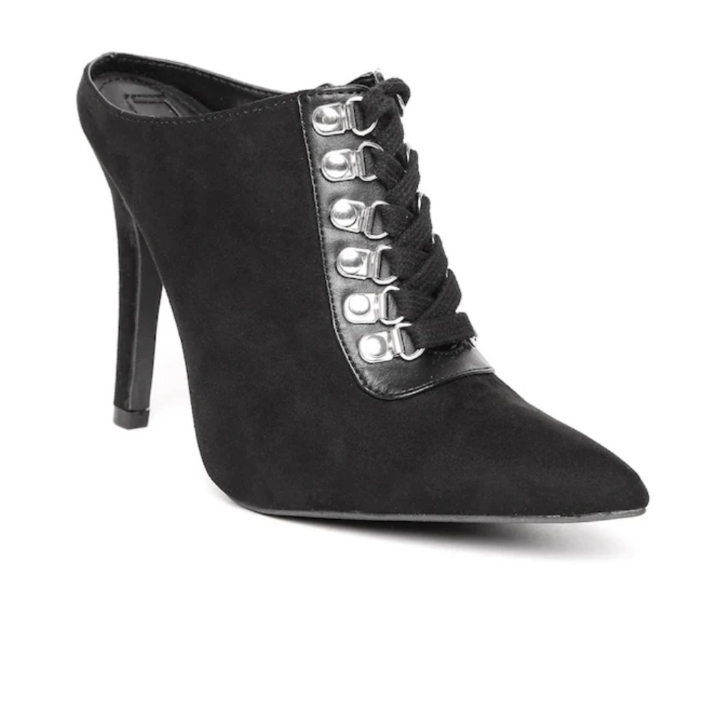 Forever 21 Black Fabric Heeled Mules Lace Up